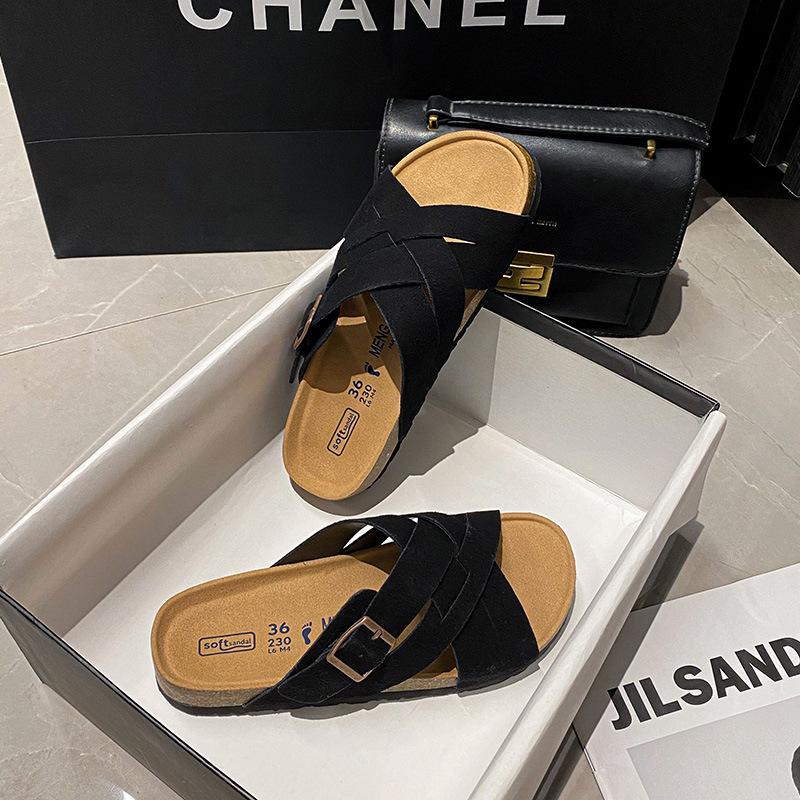 Thick-soled slippers women's summer outer wear new retro flat-bottomed cross-strapped slippers cork bottom large size