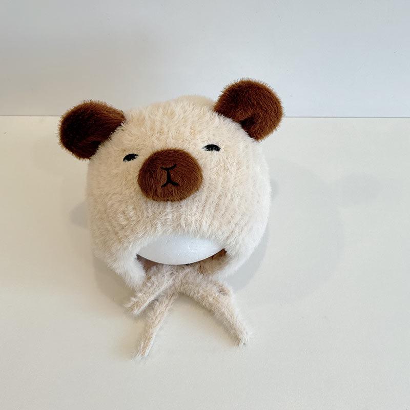 

Супер милая плюшевая зимняя детская шапка с защитой ушей бежевый