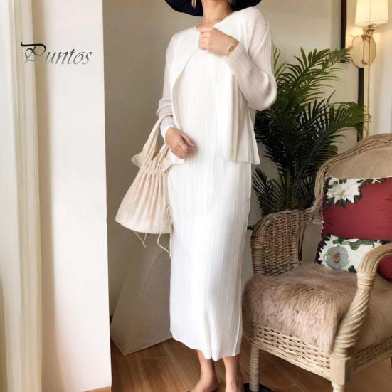 Dámské vestové šaty plisované volné s kulatým výstřihem jednobarevné rovné OL dojížděcí šaty bez rukávů midi šaty ke lýtkům