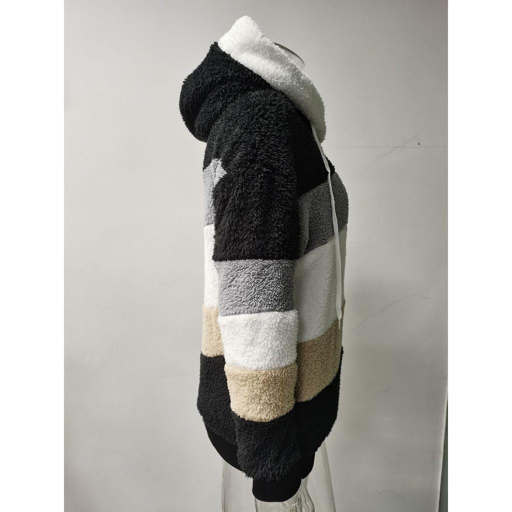 Podzimní a zimní nová teplá plyšová patchworková bunda s kapucí a volným střihem na zip pro ženy