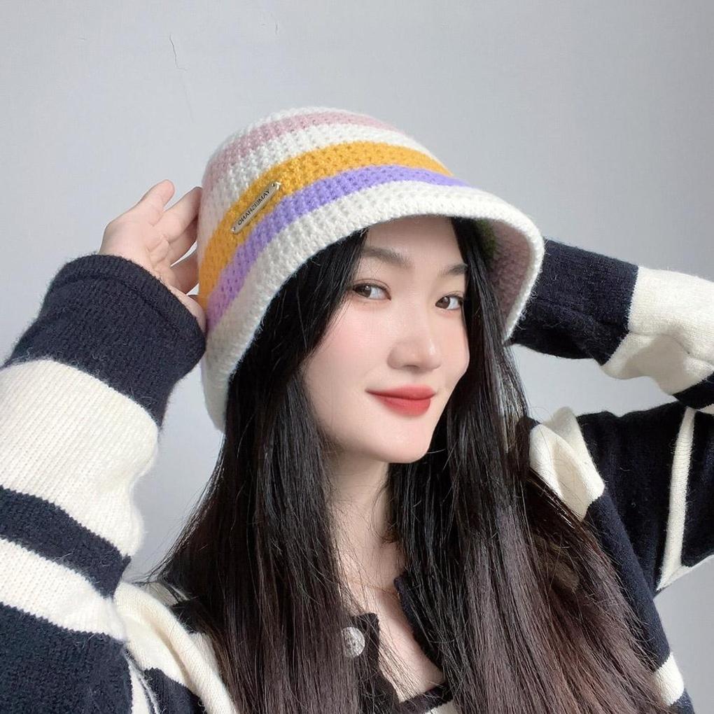 Rainbow Knit Bucket Hat (White)