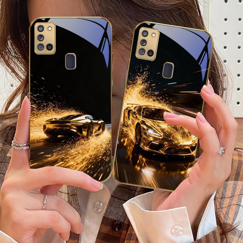 Flying golden supercar For Samsung A 31 32 A33 A34 35 14 A15 13 16 25 26 50 52 53 54 55 56 70 71 72 73 Golden glass phone case