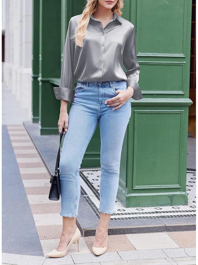 Elegant Women's Solid Color Satin Long Sleeve Shirt with Retro Buttons