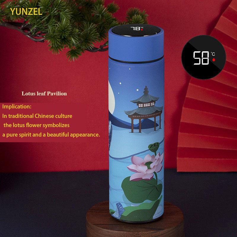 304 Stainless Steel Insulated Water Bottle 500ml Chinese Style Gift Flask with Temp Display Outdoor Portable Cup