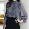 Women Fashion Ruffled Stand Collar Long Sleeve Chiffon Blouse Top