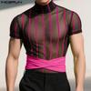 INCERUN Men Short Sleeve Mesh Sheer Patchwork Striped Party Club T-shirts Tops