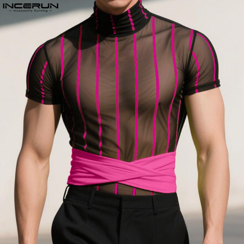 INCERUN Men Short Sleeve Mesh Sheer Patchwork Striped Party Club T-shirts Tops