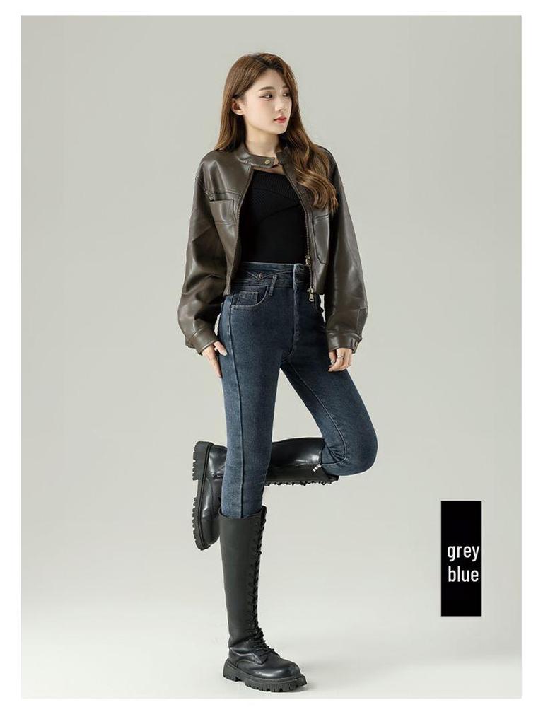 Women's High-Waisted Skinny Stretch Jeans - 2025 Autumn/Winter Plus Velvet Nine-Point Pencil Pants