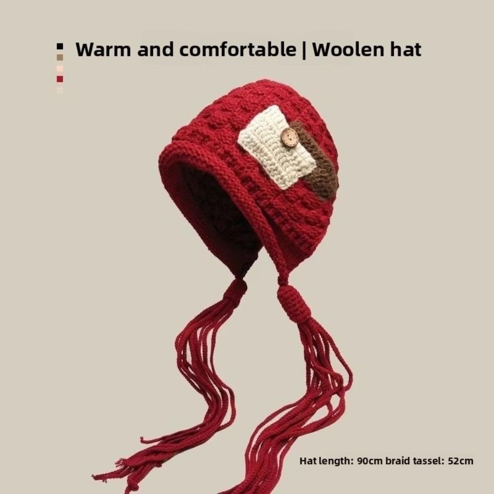 Cloth Sticker Fringed Knitted Hat Solid Color Crochet Bonnet Casual Winter Warm Hat