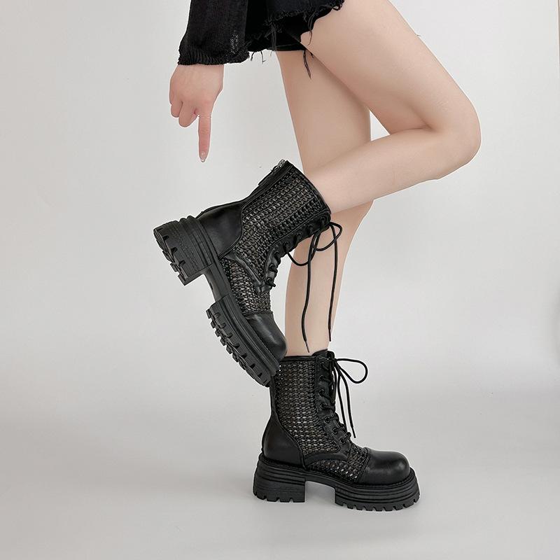 Fashion woven short boots Hollow breathable Martin boots women's summer design retro British style small thick-soled cool boots