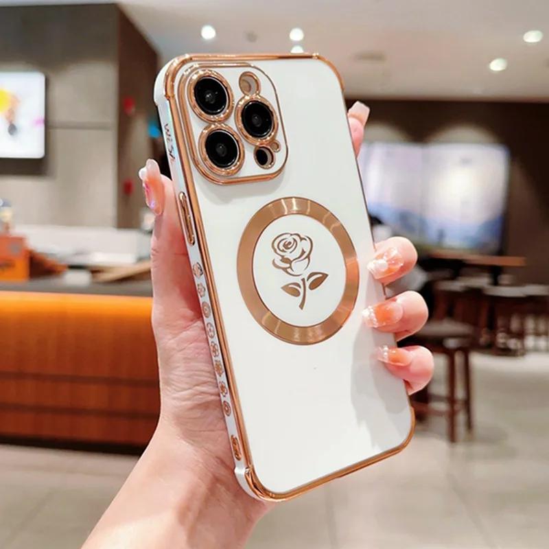 

Чехол с 6D покрытием и боковой рамкой в ​​виде розы для iPhone 15 14 Plus 11 13 12 Pro Max, противоударный силиконовый магнитный чехол с беспроводной зарядкой for iPhone 14Pro Max
