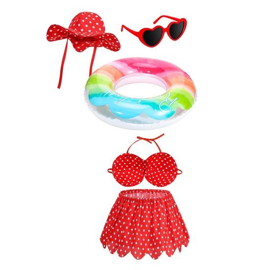 1 Set Porch Goose Outfits Outdoor Garden Lawn Yard Goose Statue Striped Shirt Red Hat Hawaii Bikini Swim Ring Holiday Party Dress-up Clothing