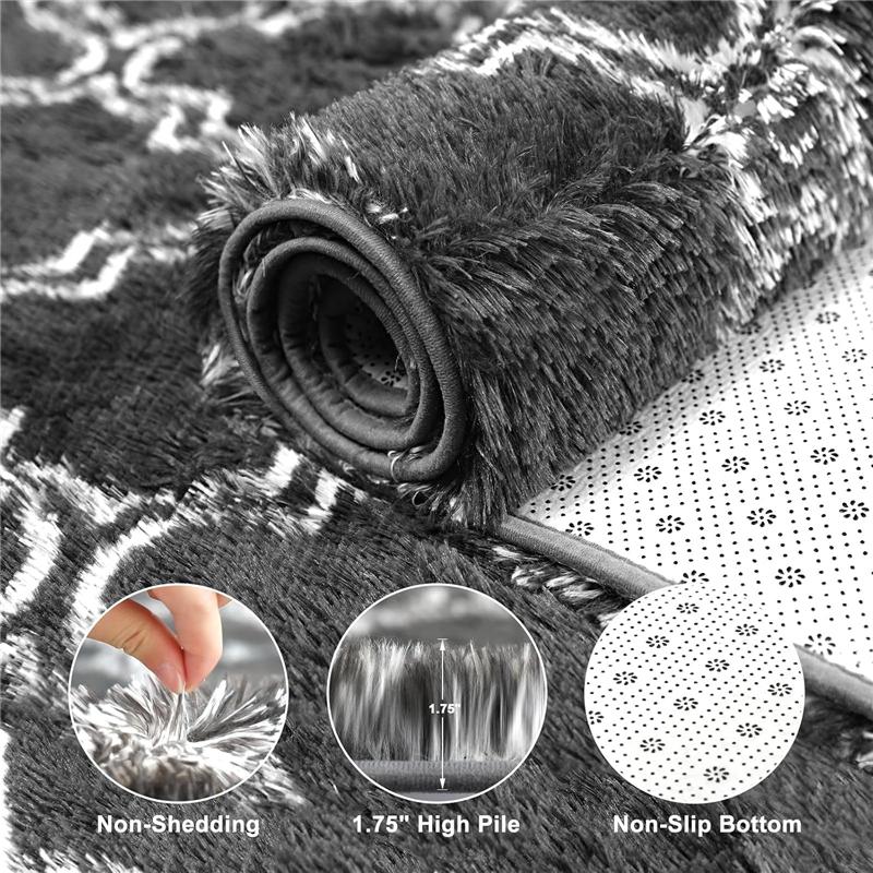 Area Rug Extra Soft Rugs for Living Room, High Pile Indoor Carpet for Bedroom, Playroom, Nursery, Home Decor, Geometric, Dark Grey/White
