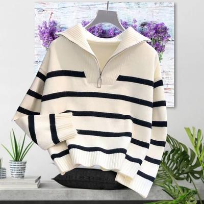 Autumn and Winter Women's Inner Stripe Knit Zip Pullover Sweater