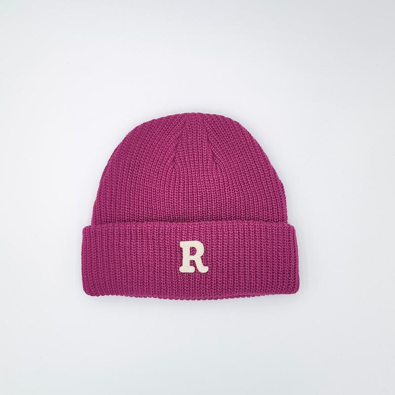 R mark Knitted Hat for Women's Letters In Autumn and Winter Thickened Pure Color Couple Warm Ear Protection Cold Hat for Men's Wool Hat