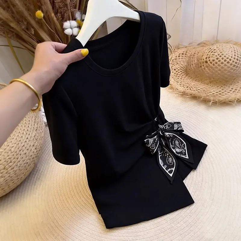 New fashion irregular waist lace-up short-sleeved T-shirt women's summer large size unique beautiful top