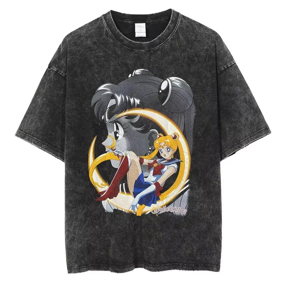 MINISO Maglietta Lavata Stampata Anime Sailor Moon Estate Nuova Cotone Uomo e Donna Larga Casual Retro Trendy Manica Corta Top