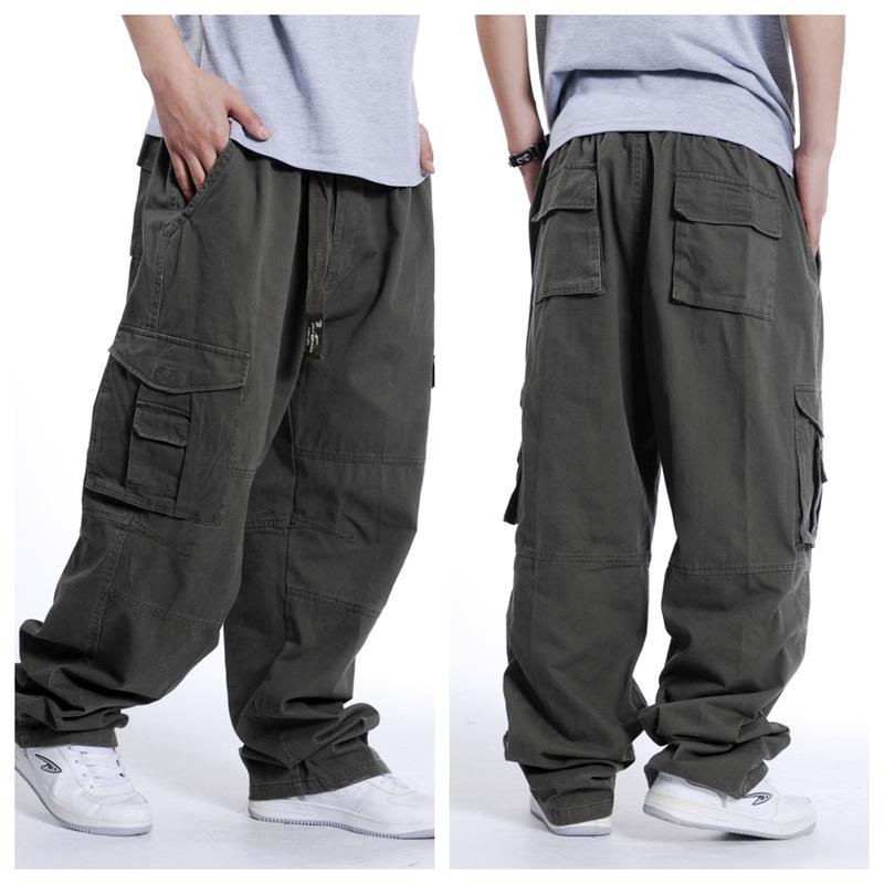

Весенние и осенние мужские брюки с множеством карманов, повседневные комбинезоны, большие размеры, широкие брюки с эластичной резинкой на талии, свободные длинные брюки L армия зеленый