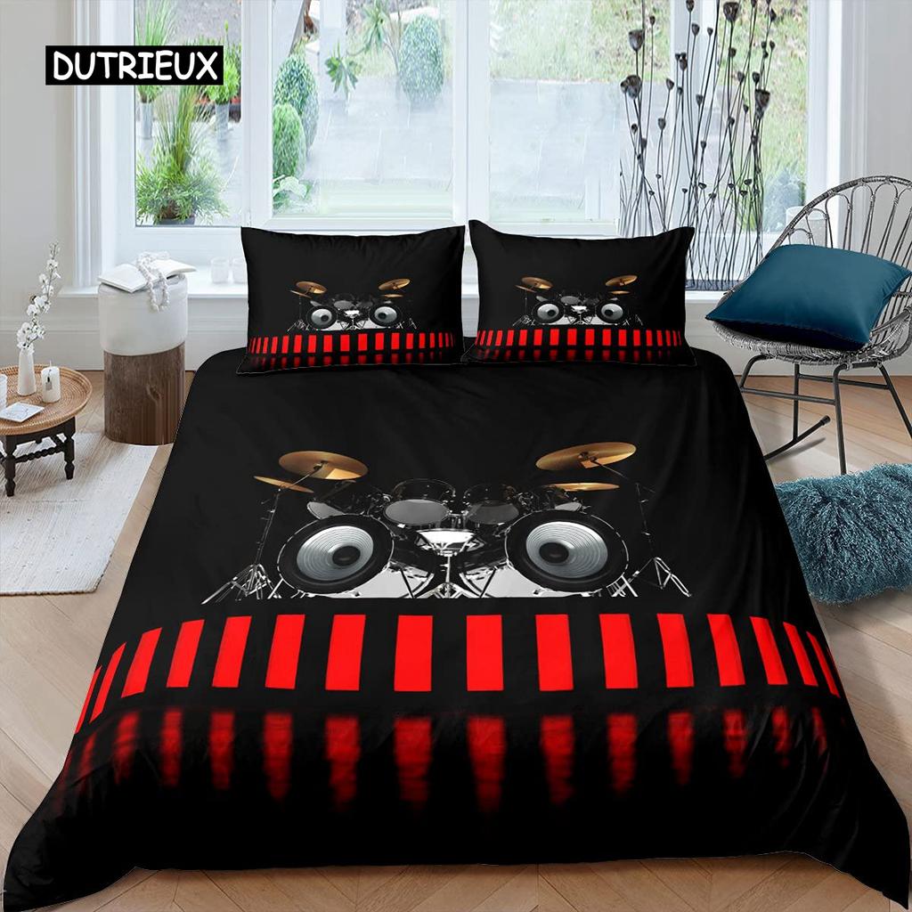 Blue Drum Kit Duvet Cover Set Microfiber Rock Roll Pop Music Twin Bedding Set Musical Instrument Glitter Lines Comforter Cover
