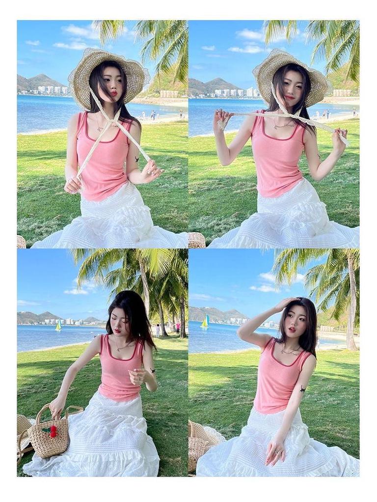 Women's Spicy Girl Square Neck, Wide-Strap Contrast Vest with Fixed Pads, Conceals Underarm Fat, Versatile Casual Top