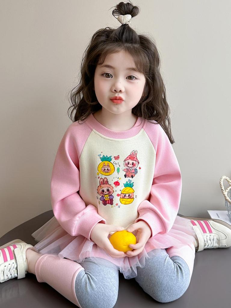 Girls' Spring Cartoon Doll Print Mesh Sweatshirt Dress and Leggings Set