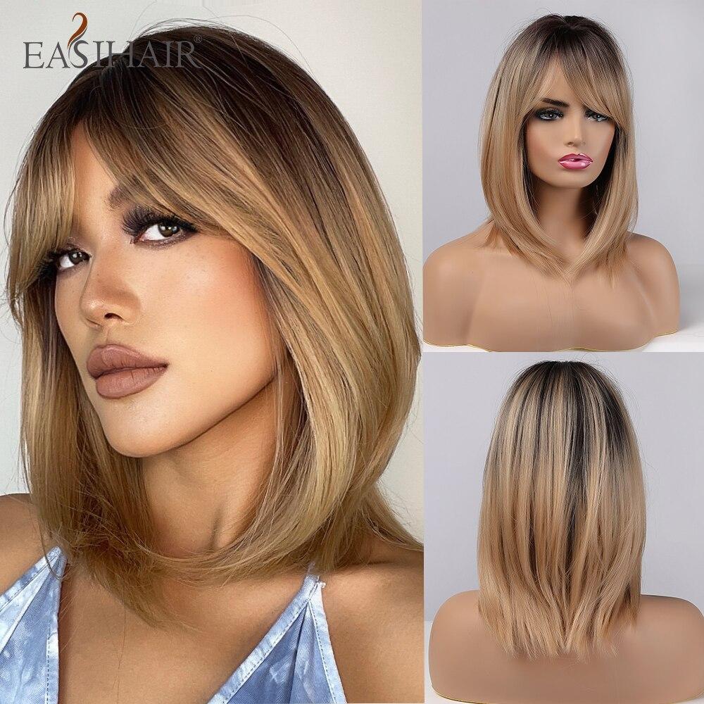 

EASIHAIR коричневый корень Ombre блондинка синтетические парики средней длины натуральные волосы для женщин парик для косплея с челкой термостойкий парик