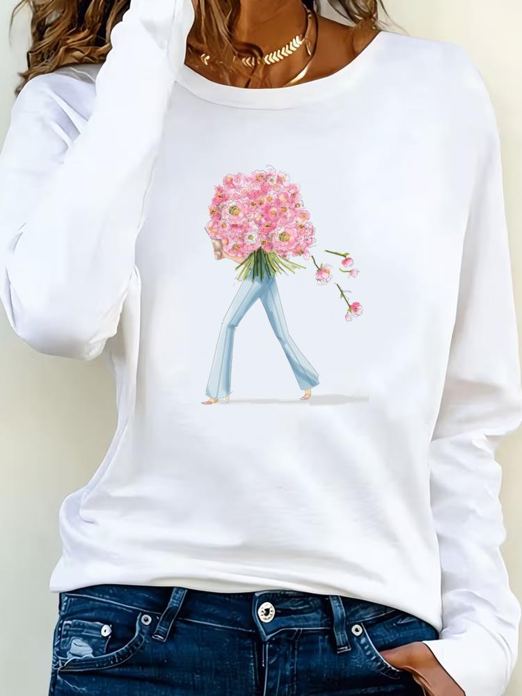 (Asian Size) Tee Lady Printed  Female Watercolor Flower Trend Clothing Women T Shirt Casual Fashion Top Long Sleeve  Graphic T-shirts