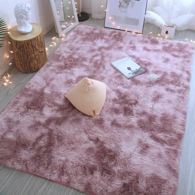 Gradient Tie-dye Carpet Living Room Bedroom Long Hair Washable Cute Net Red Bedside Soft Plush Carpet Mat Anti-slip Floor Mats