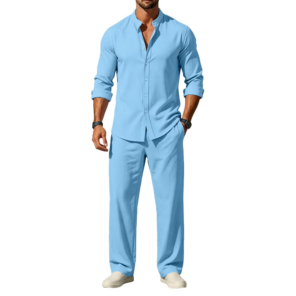 Men's Striped Texture Long Sleeve Shirt and Pants Set for Everyday Wear