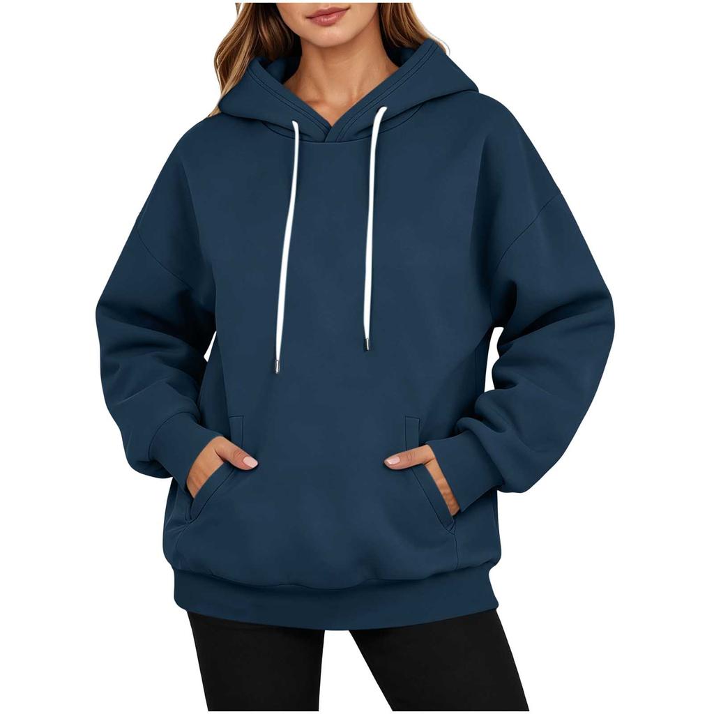 Women's Casual Long Sleeve Button Collar Hoodie with Pockets, Loose Fit Mid-Length