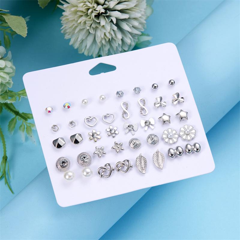 European & American Gold Fashion 12-Pair Rhinestone Stud Earring Set: Hearts, Feathers, Figure 8, Stars
