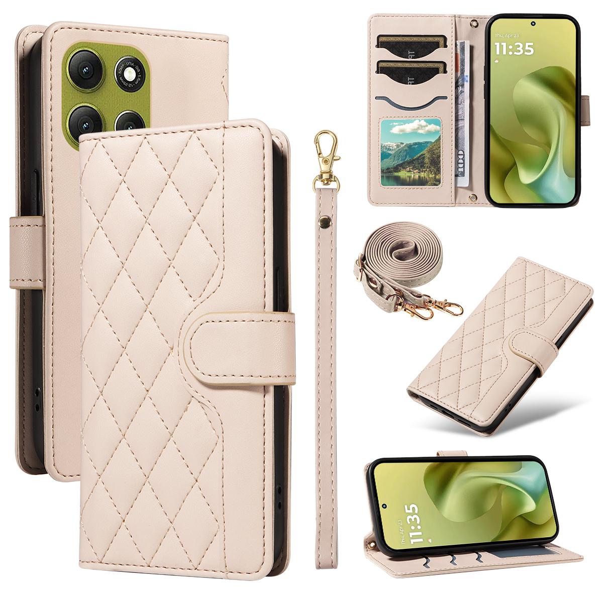 

For Motorola Moto G86 5G/G86 Power 5G Wallet Case Rhombus Leather Phone Cover with Strap Apricot
