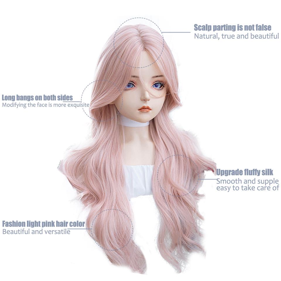 WTB Pink Long Curly Hair Synthetic Wig Female Full Head Lolita Eight Bangs Big Wave Girl Pink Natural Wig Hair Cover