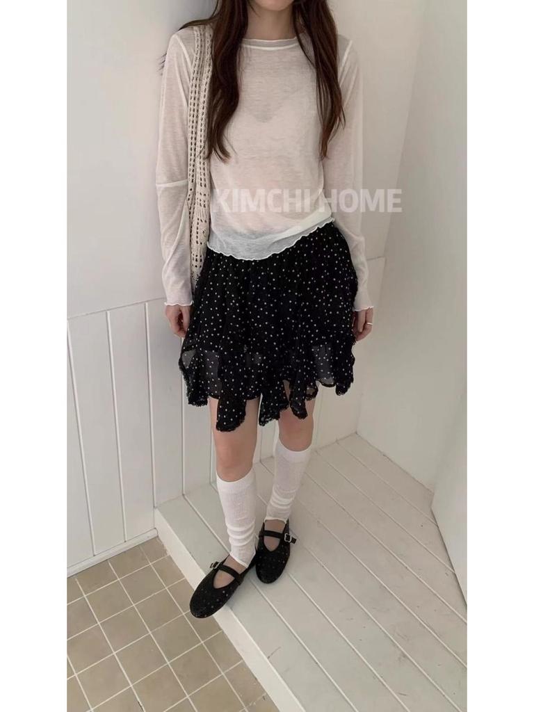 Süßer Rüschen-Cardigan mit Rundhalsausschnitt in Milchgeschmack-Optik zum Layern - Damen Dünnes, halbtransparentes Langarm-T-Shirt