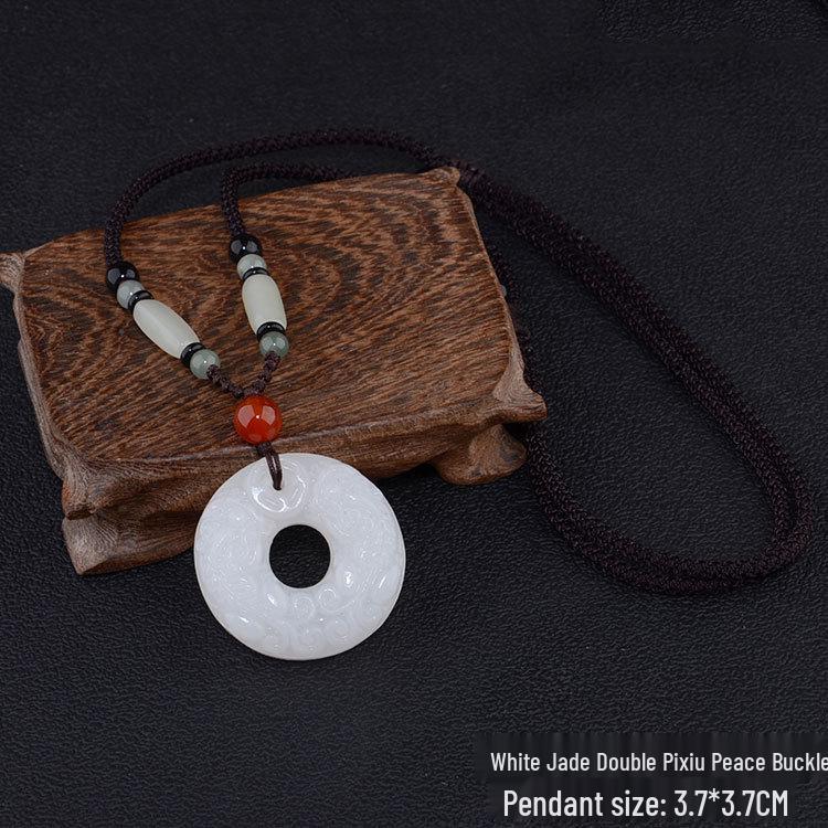 Blue Jade Pendant Necklace with White Jade Pixiu for Men & Women, Sweater Chain Cotton Linen Gift