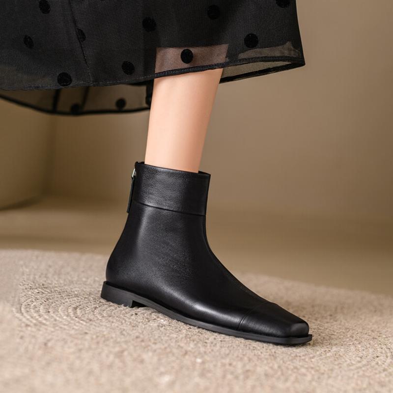 Fashion NEW Autumn Women Boots Genuine Leather Shoes for Women Square Toe Low Heel Shoes Retro Zipper Ankle Boots Concise Modern Boots