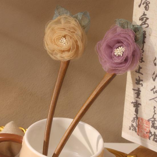 Hair Stick 3D Mesh Yarn Rose Flower Decor Bun Hair Stick Easy to Wear Hair Organizer Clip Hair Styling Accessory