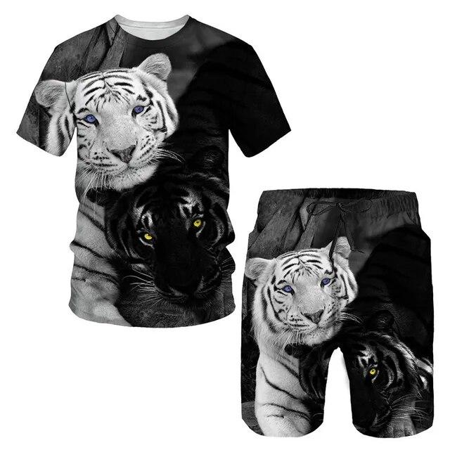 Tricou/costumul cu imprimeu 3D The Tiger, cu mâneci scurte, cu gâtul O, pantaloni de plajă pentru bărbați, set de 2 bucăți, îmbrăcăminte sport pentru cuplu, pantaloni scurți de înot