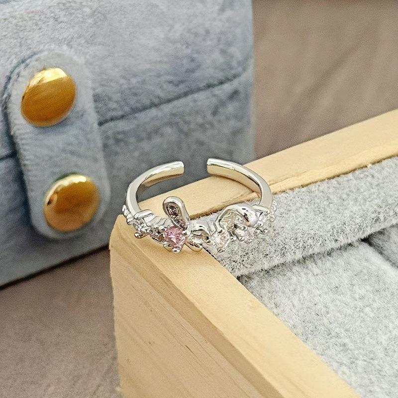 [Sweet Diamond Honey Talk] Girl'S Heart Sweet Pink Full Diamond Zir*****Pen Ring Butterfly Exquisite Premium Ring