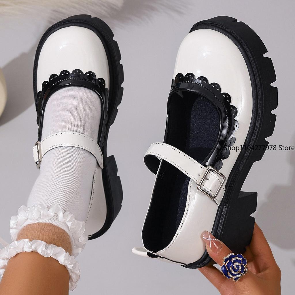 Fashion White Ankle Buckle Platform Pumps Women Japanese Style Patent Leather Mary Jane Shoes Woman Punk Thick Heels Lolita Shoes Mujer