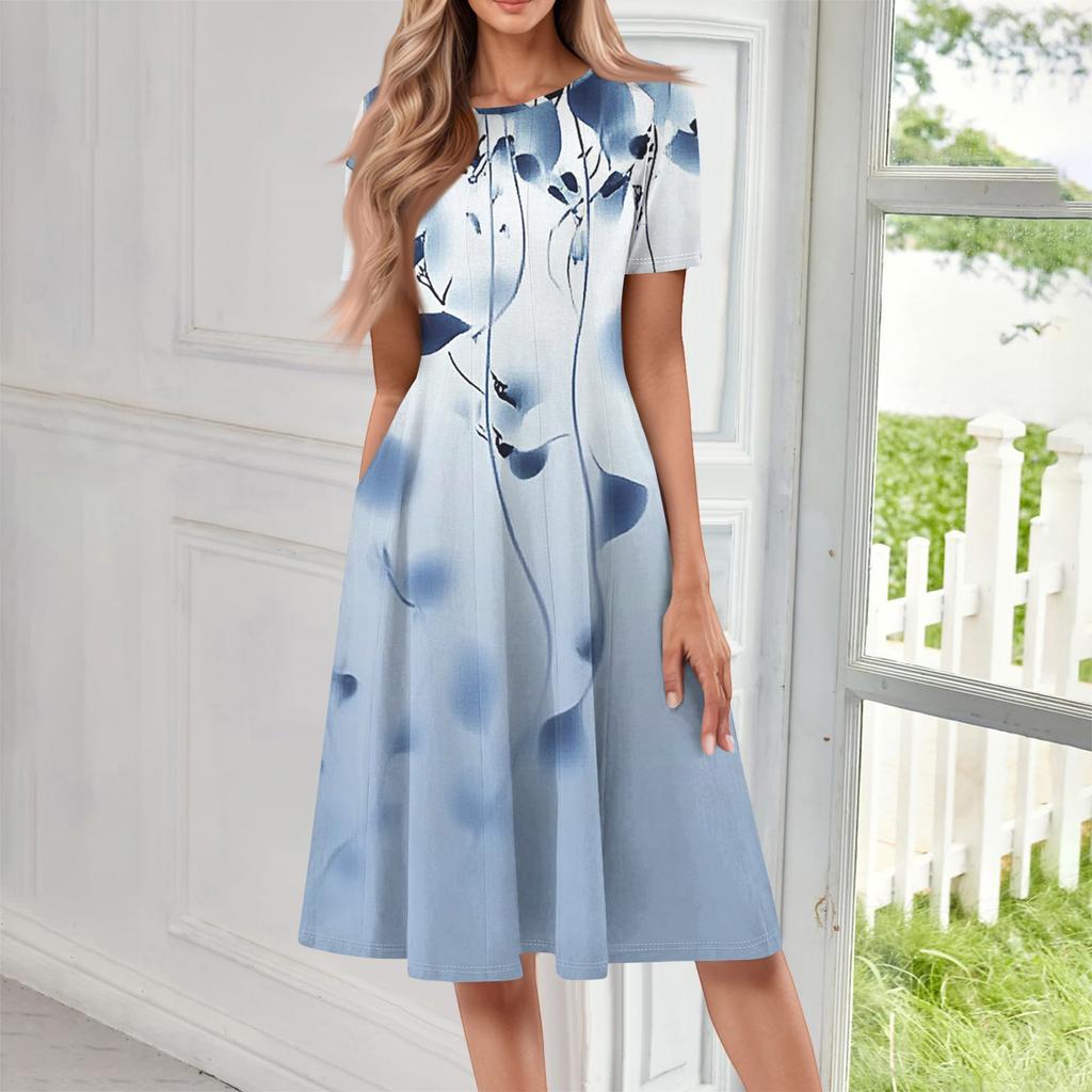Women's Casual Fashion Round Neck Short Sleeve Print Midi Dress