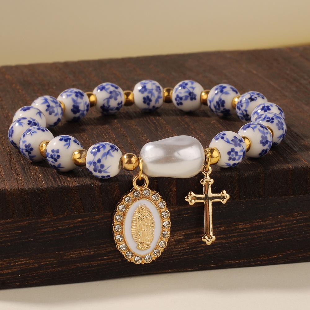 Vintage Style Ceramic Bead Bracelets, Cross/Medal/Bow/Butterfly Charm Elastic Jewelry