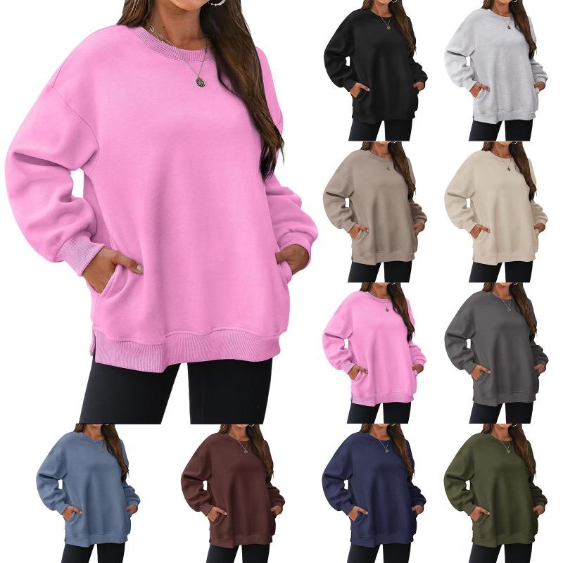 Fleece thickened pocket sweater women, loose round neck clothes in autumn and winter