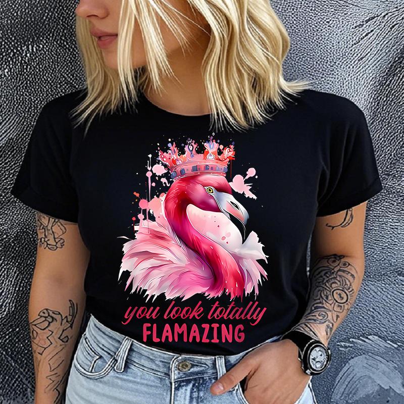 Polyester 100%  Pink Flamingo & Crown T-shirt - Casual Crew Neck Short Sleeve T-shirt, Knit Graphic Women Clothes Summer S