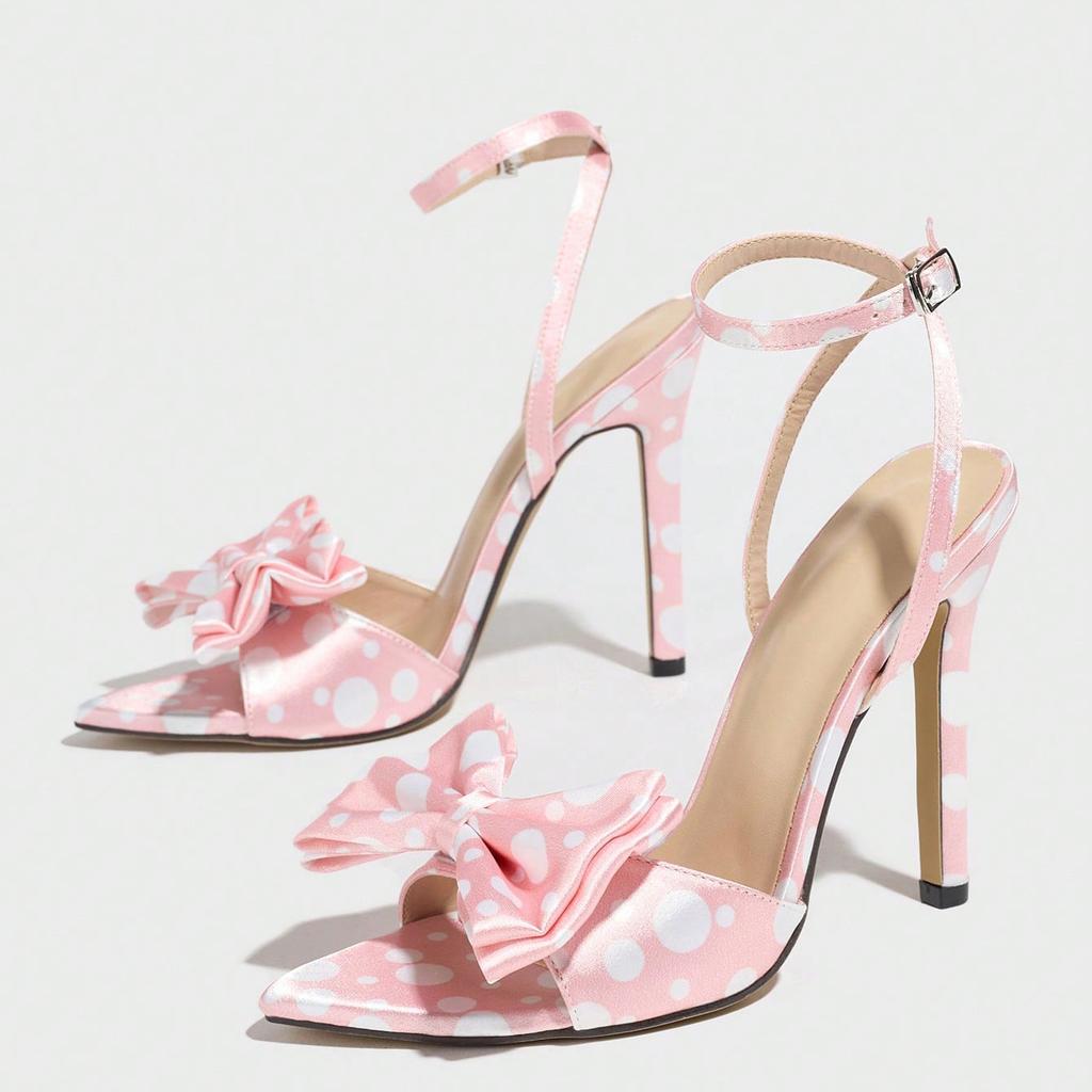 Damen Sandalen mit hohen Absätzen Klassisch Gepunktetes Seidenkleid Elegante Schleife Stilettoschuhe für Damen Hochzeitsfeier Abschlussball Pumps Größe 35-43