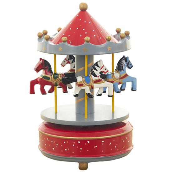 Miniature Horse Carousel Wooden Music Box with Rotating Merry-Go-Round Horses, Wind-Up Musical Figurine Nursery Decor for Baby Room Home Decor,