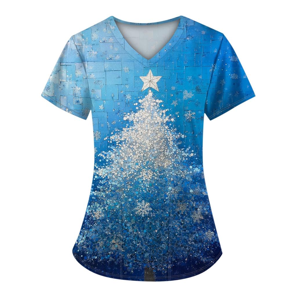 Women's Short Sleeve Christmas Printed V-Neck Pocket Uniform Top