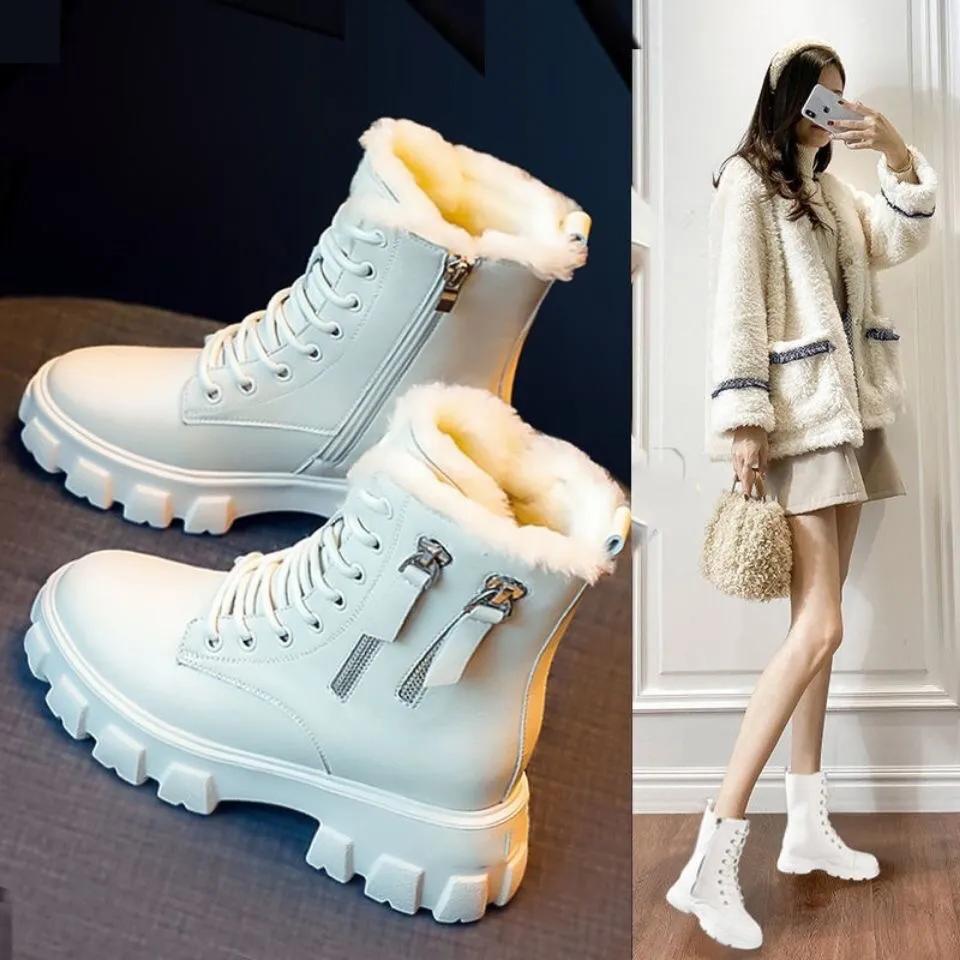 Women's Winter Plush Velvet Cotton Boots Warm Ankle Boots Thick Cotton Shoes Women's High-top Leather Boots Platform Boots