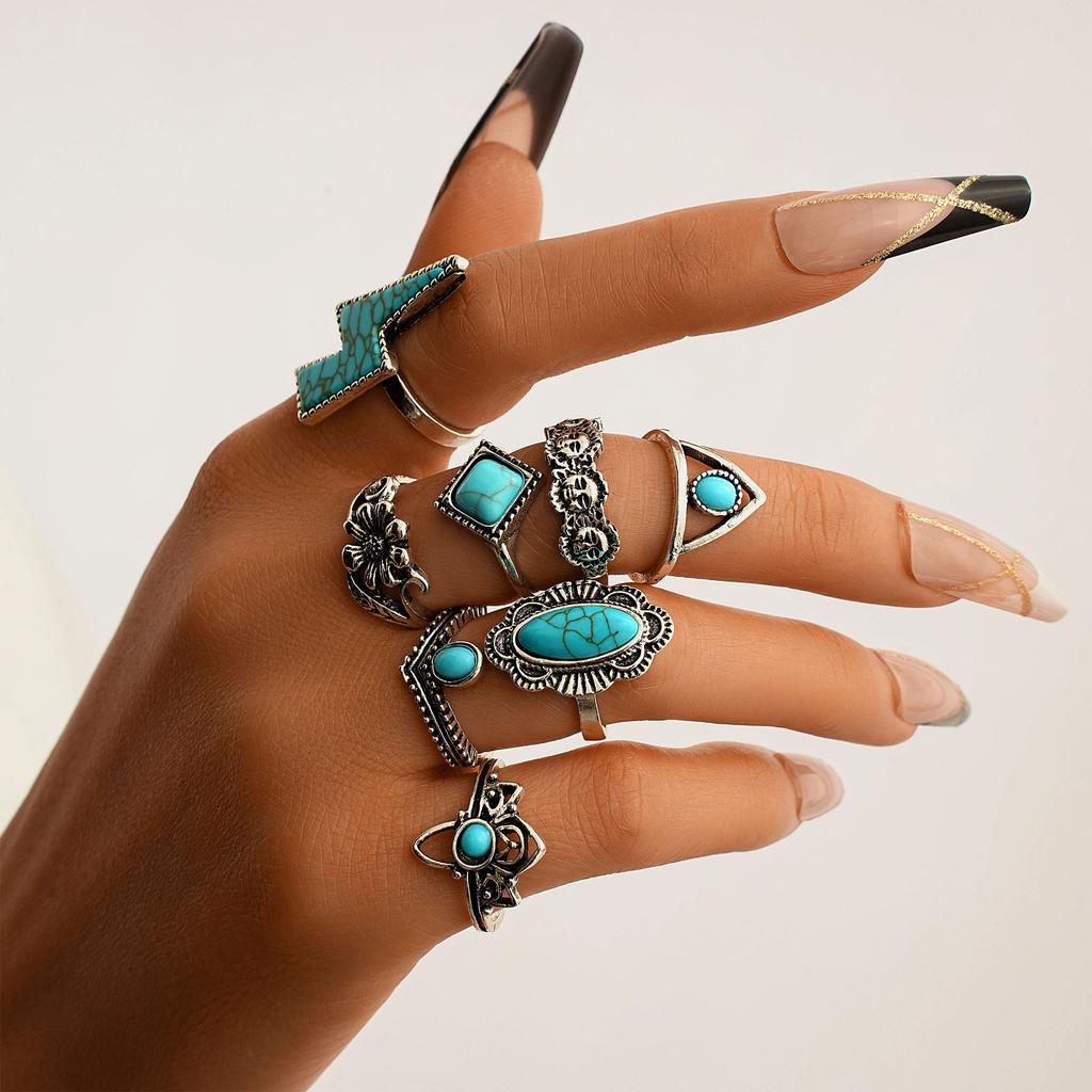 Combination Ring, Vintage Bohemian Lightning Flower Turquoise 8-Piece Set Jewelry