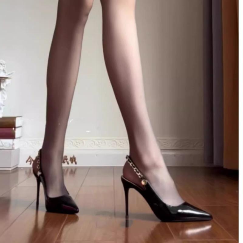 Mode Damen Temperament Stiletto Sandalen Sommer Neu Spitzkopf Flachmaul Metallkette Rutschfest Verschleißfest Hohe Absätze